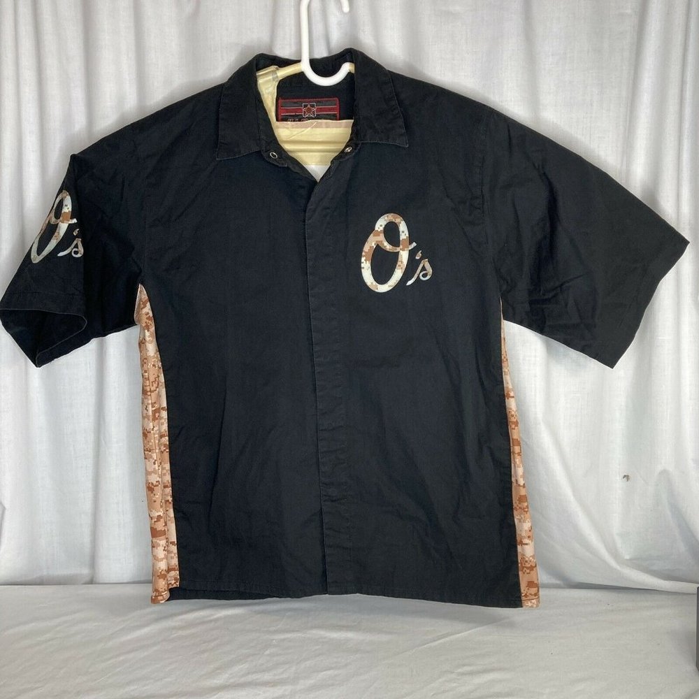 Baltimore Orioles MLB Jersey Shirt Double Sided Black Orange Camo Snap Front Med
